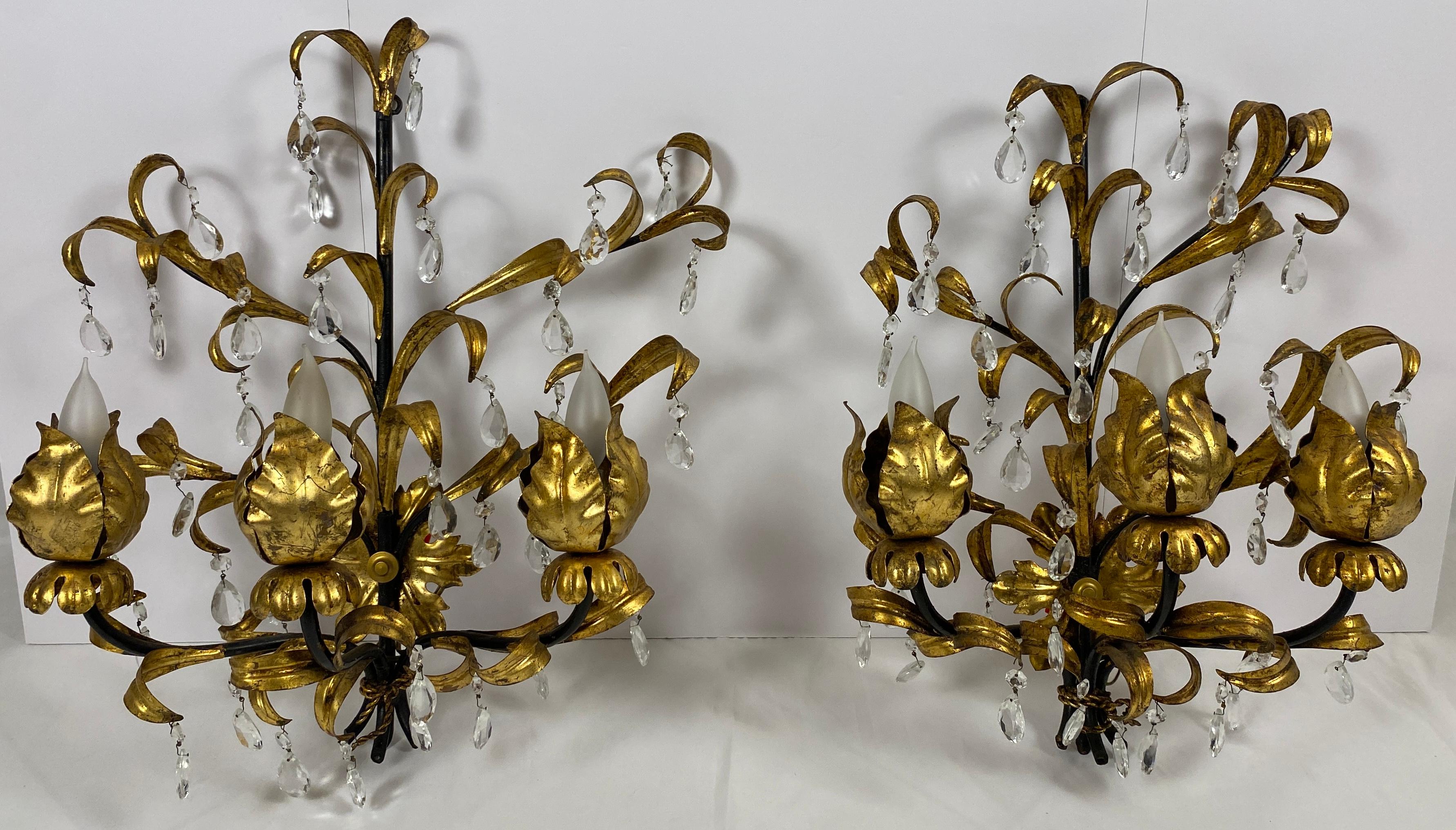 Large Pair French Gold Gilt Rock Crystal Flower Sconces, Maison Baguès Sconces For Sale 3