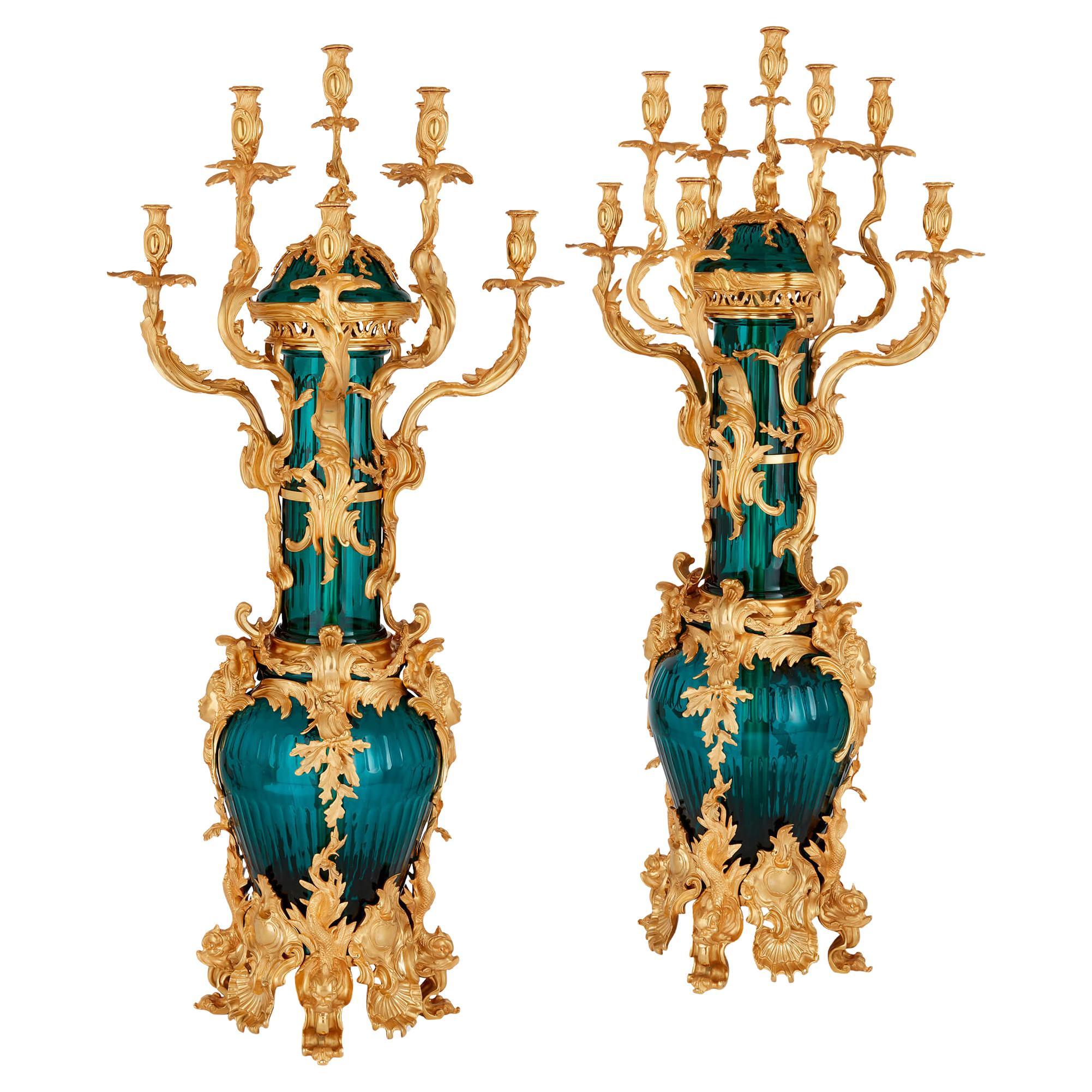 Large Pair French Louis XV Style Ormolu Gold Green Glass Candelabra