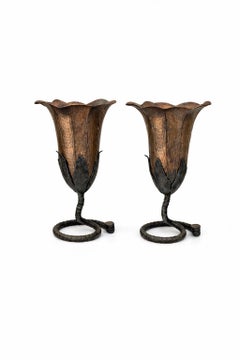 Large Pair French Modern Forged Copper & Iron Sculptural Flower Vases, C. 1960s