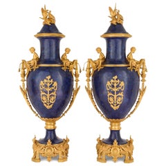 Large Pair French Neoclassical Style Ormolu Gold Lapis Lazuli Blue Vases