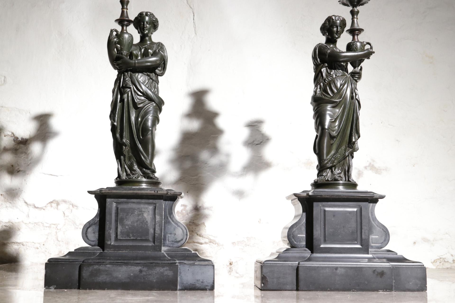 Large Pair of French Patinated Bronze Figural Candelabra, 19th Century For Sale 7