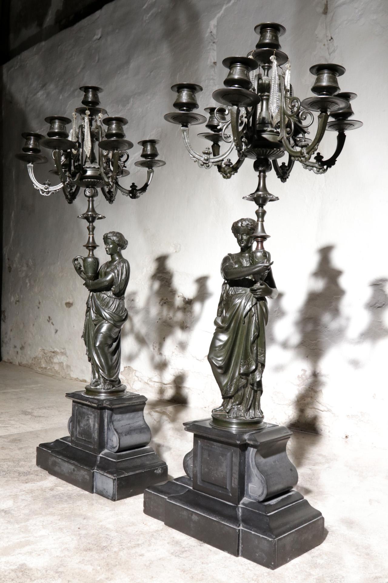 Large Pair of French Patinated Bronze Figural Candelabra, 19th Century For Sale 8