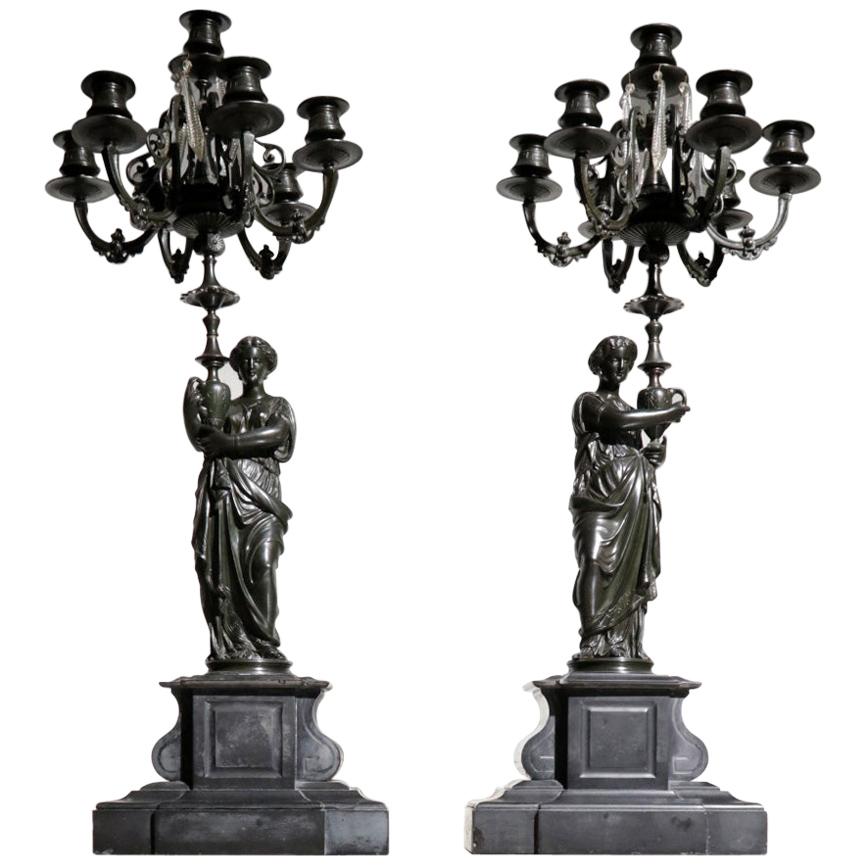 Large Pair of French Patinated Bronze Figural Candelabra, 19th Century