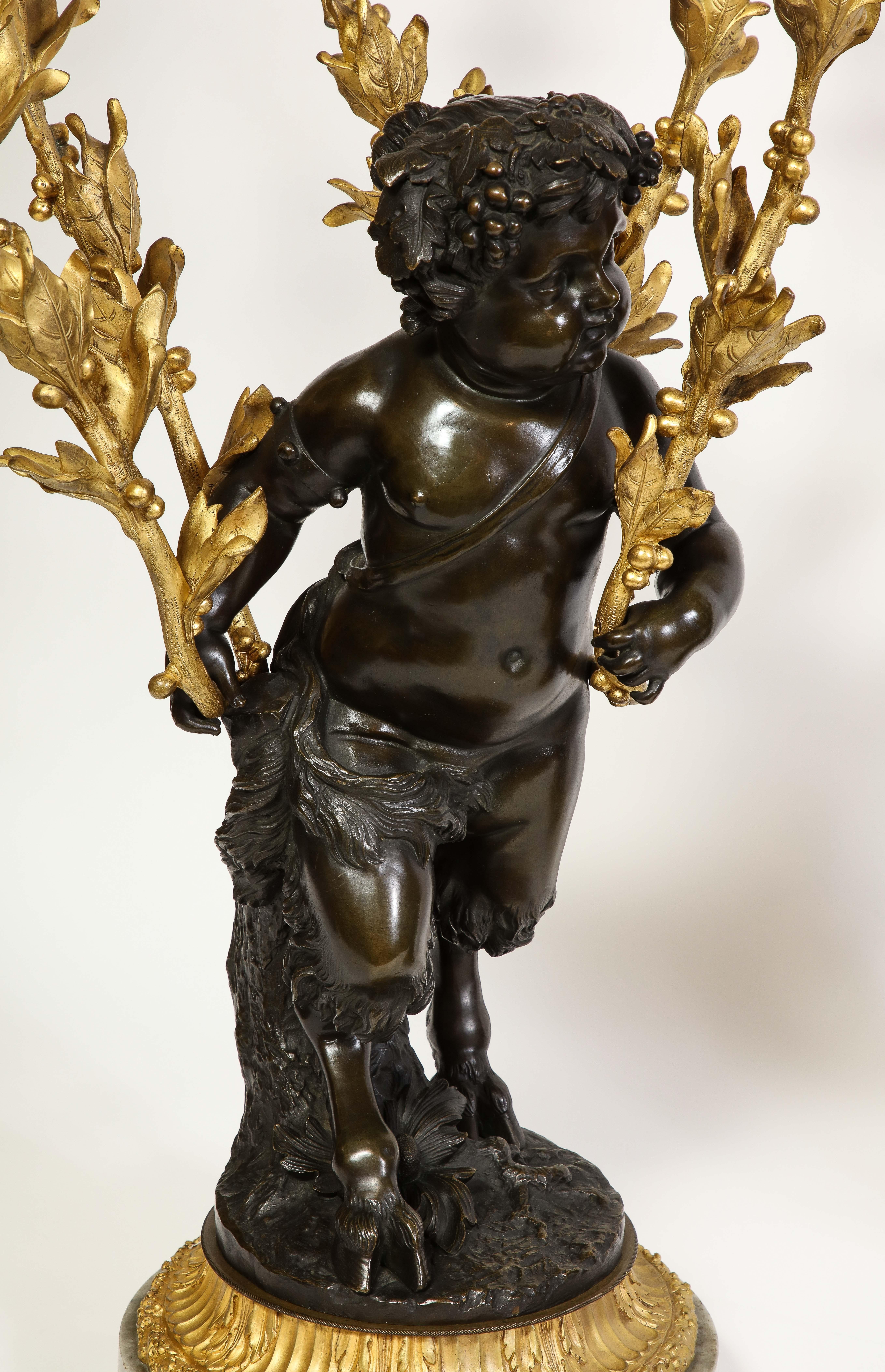 Large Pair French Patinated & Dore Bronze Putti Form Candelabra on Marble Bases For Sale 4