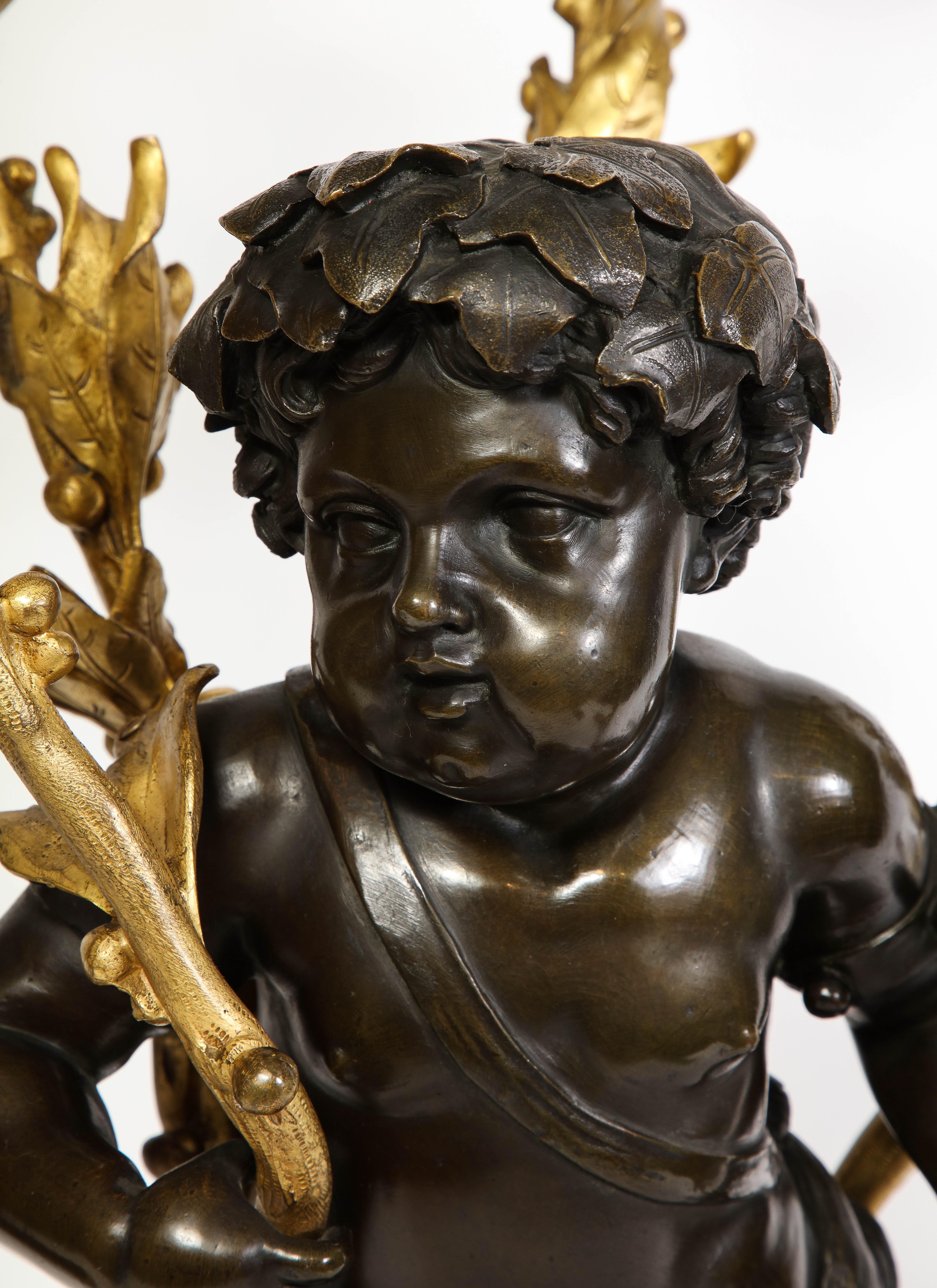 Large Pair French Patinated & Dore Bronze Putti Form Candelabra on Marble Bases For Sale 5