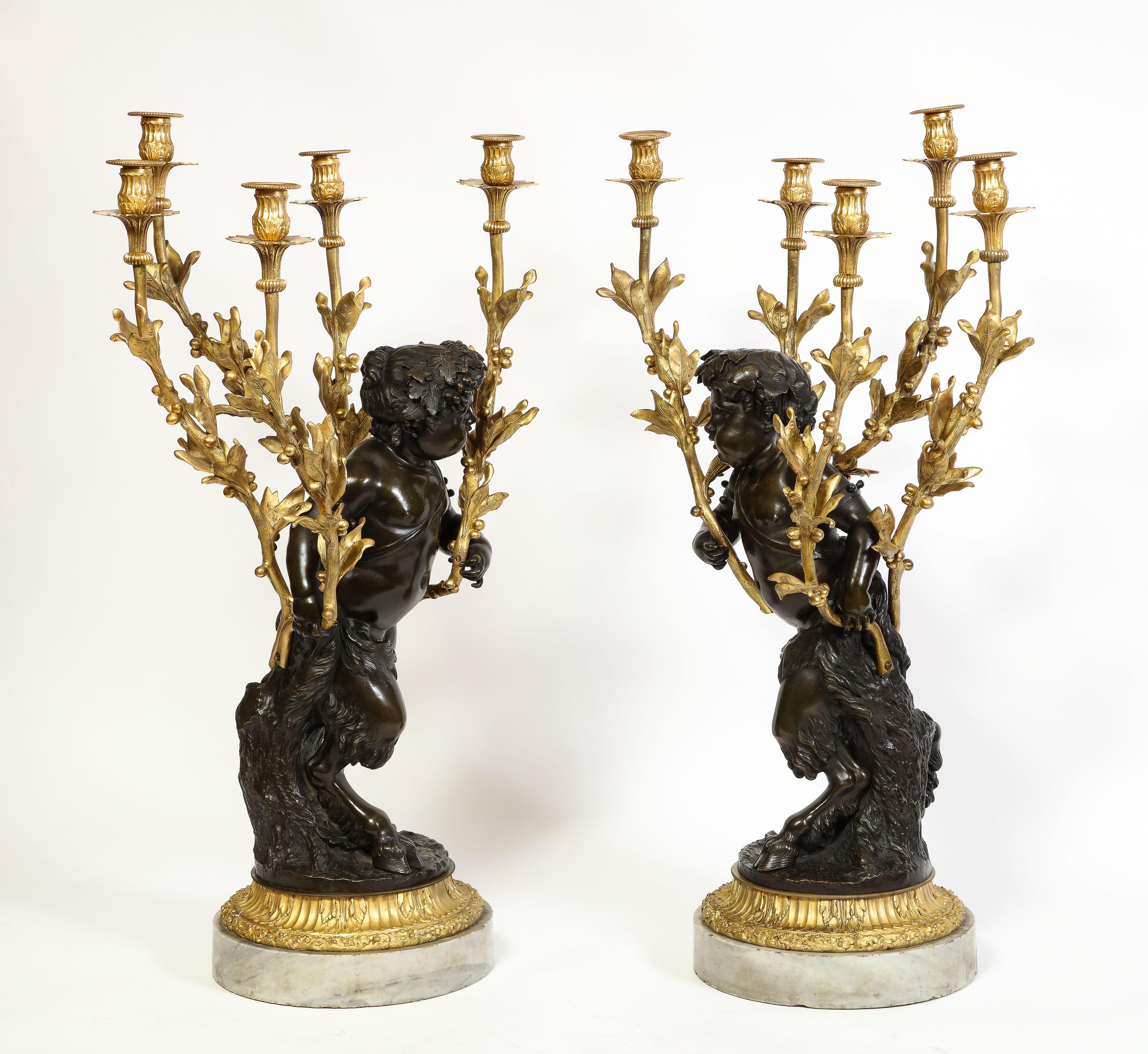 Louis XVI Large Pair French Patinated & Dore Bronze Putti Form Candelabra on Marble Bases For Sale