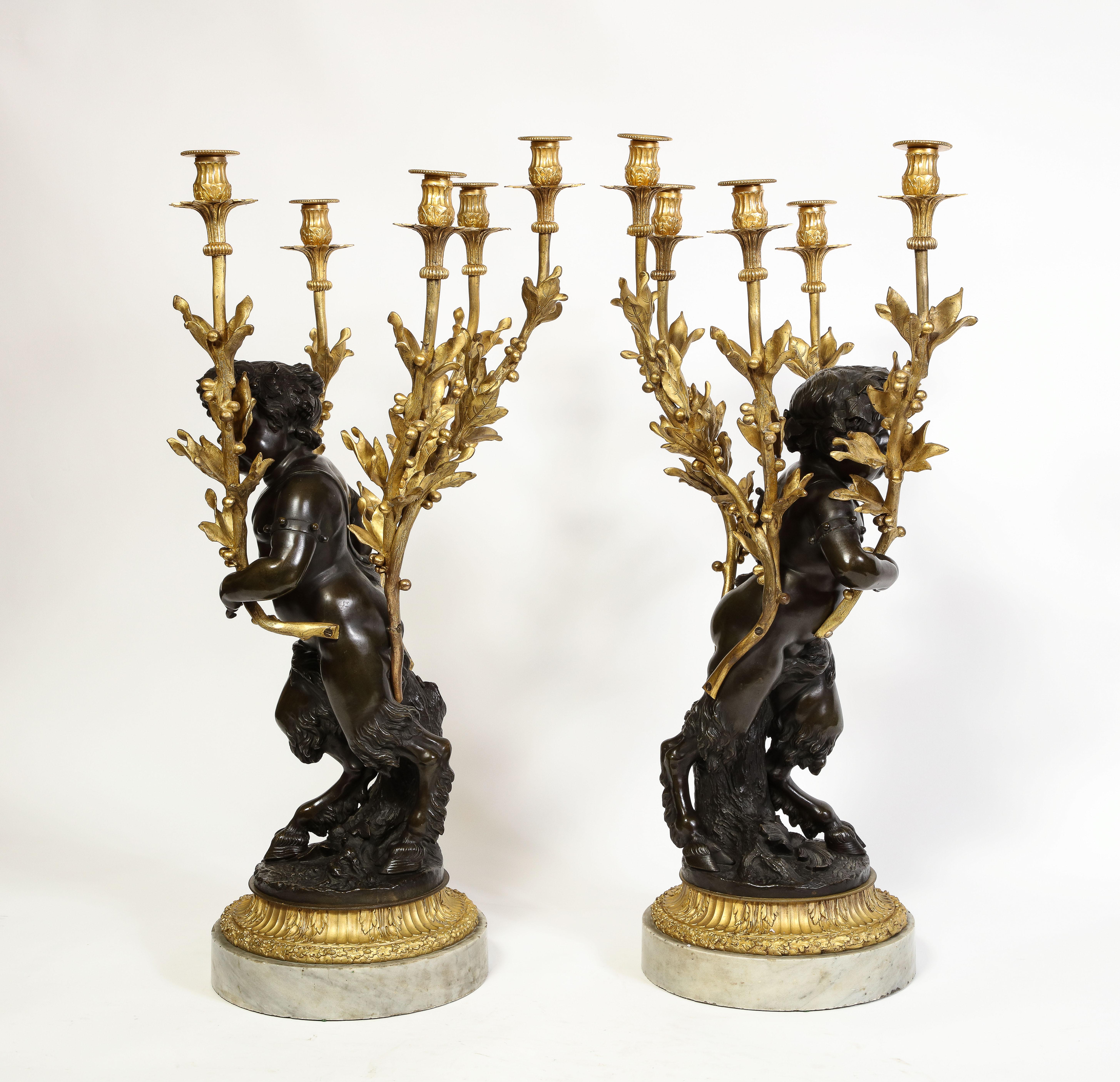 Large Pair French Patinated & Dore Bronze Putti Form Candelabra on Marble Bases For Sale 1