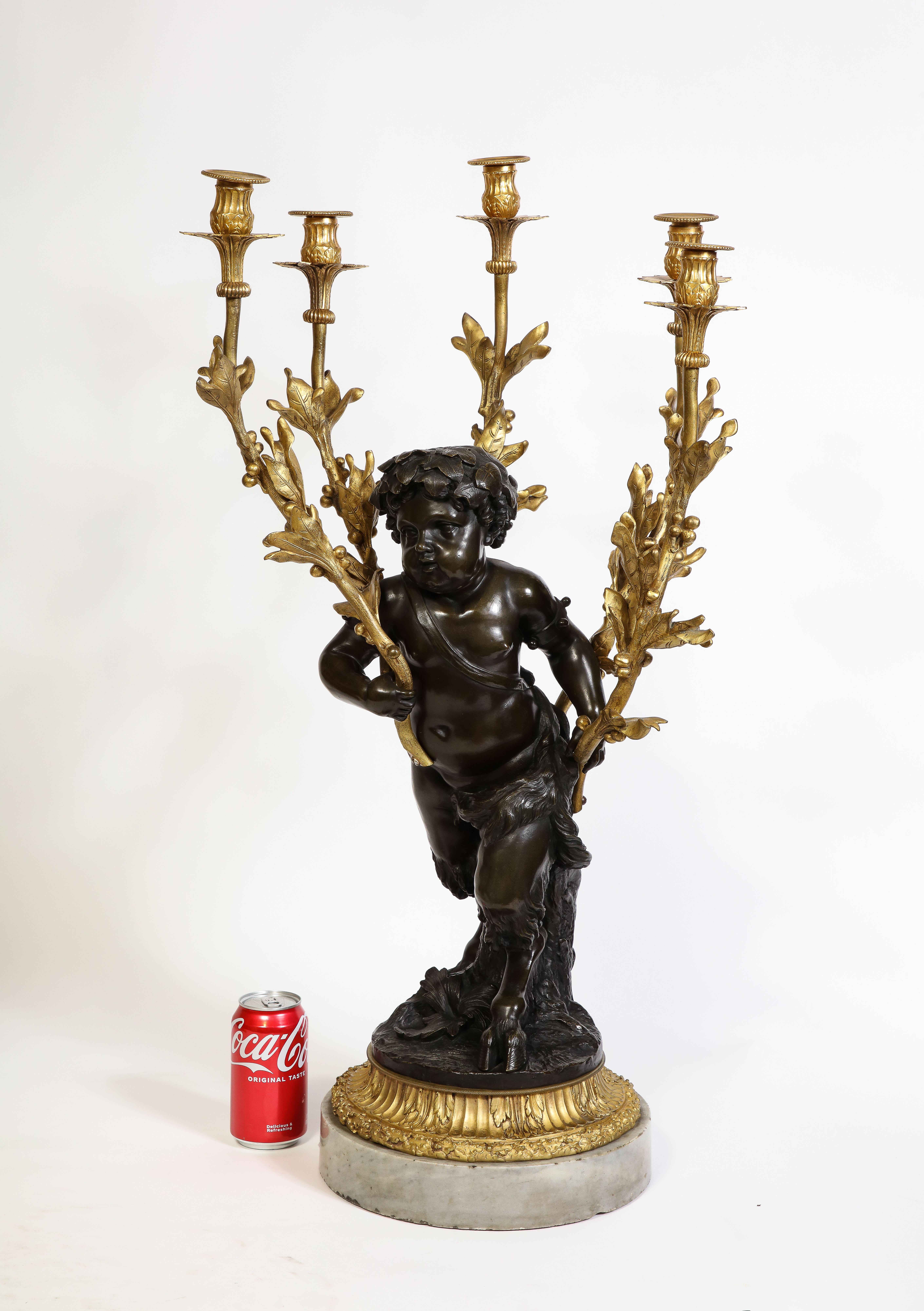 Large Pair French Patinated & Dore Bronze Putti Form Candelabra on Marble Bases For Sale 2