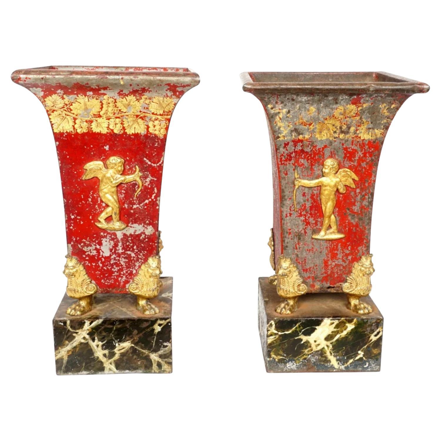 Large Pair French Tole Painted and Gilt Bronze Cache Pot / Vases