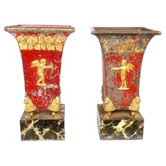 Large Pair French Tole Painted and Gilt Bronze Cache Pot / Vases