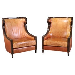 Antique Large Pair Genuine Leather Tall   Brown Framed Bergere Wingchairs