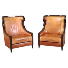 Großes Paar Echtes Leder Tall   Brown Framed Bergere Wingchairs