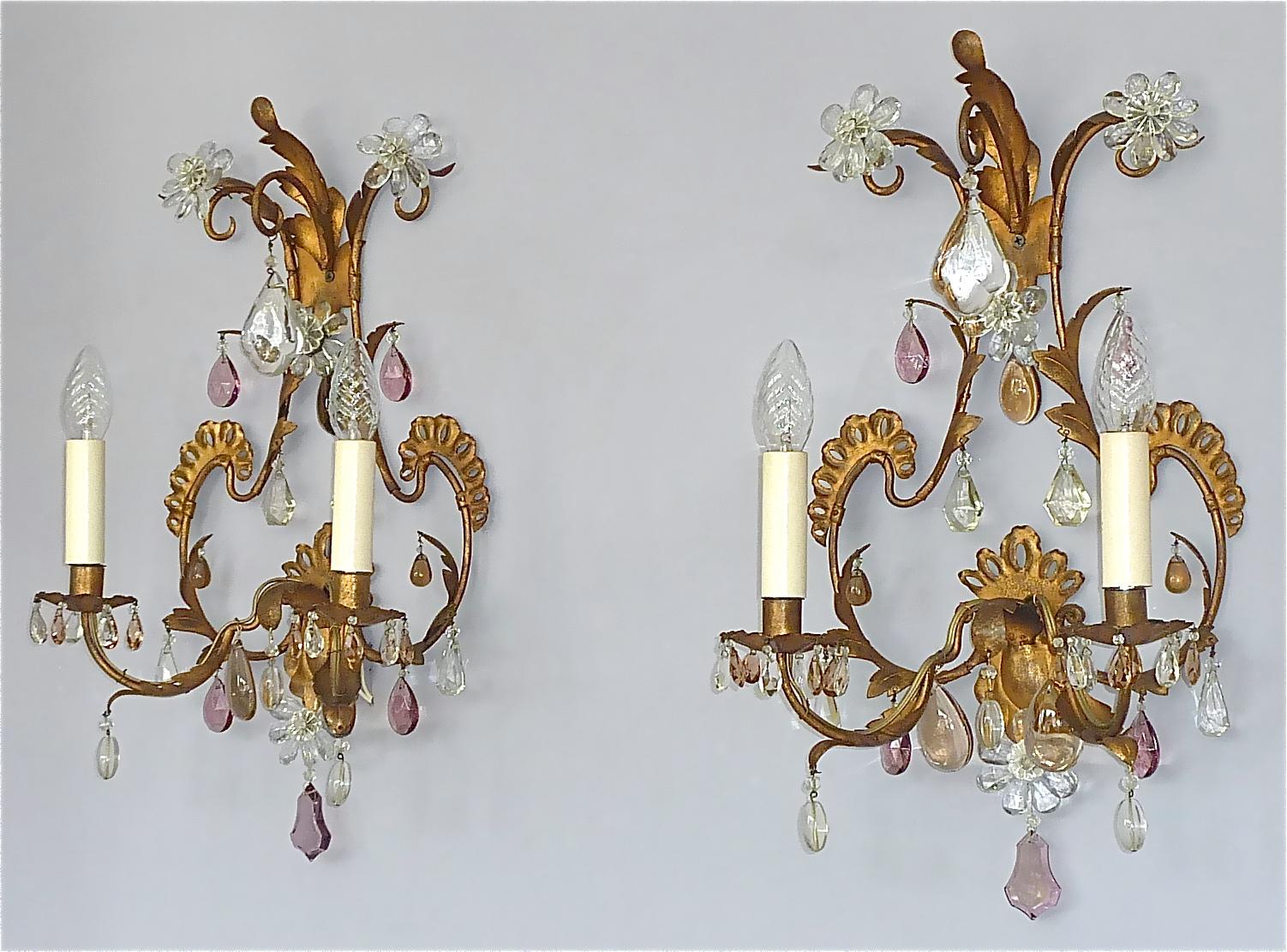 Großes Paar vergoldet Maison Baguès Stil Blume Blatt Wandleuchter Facettiert Kristallglas im Angebot 3