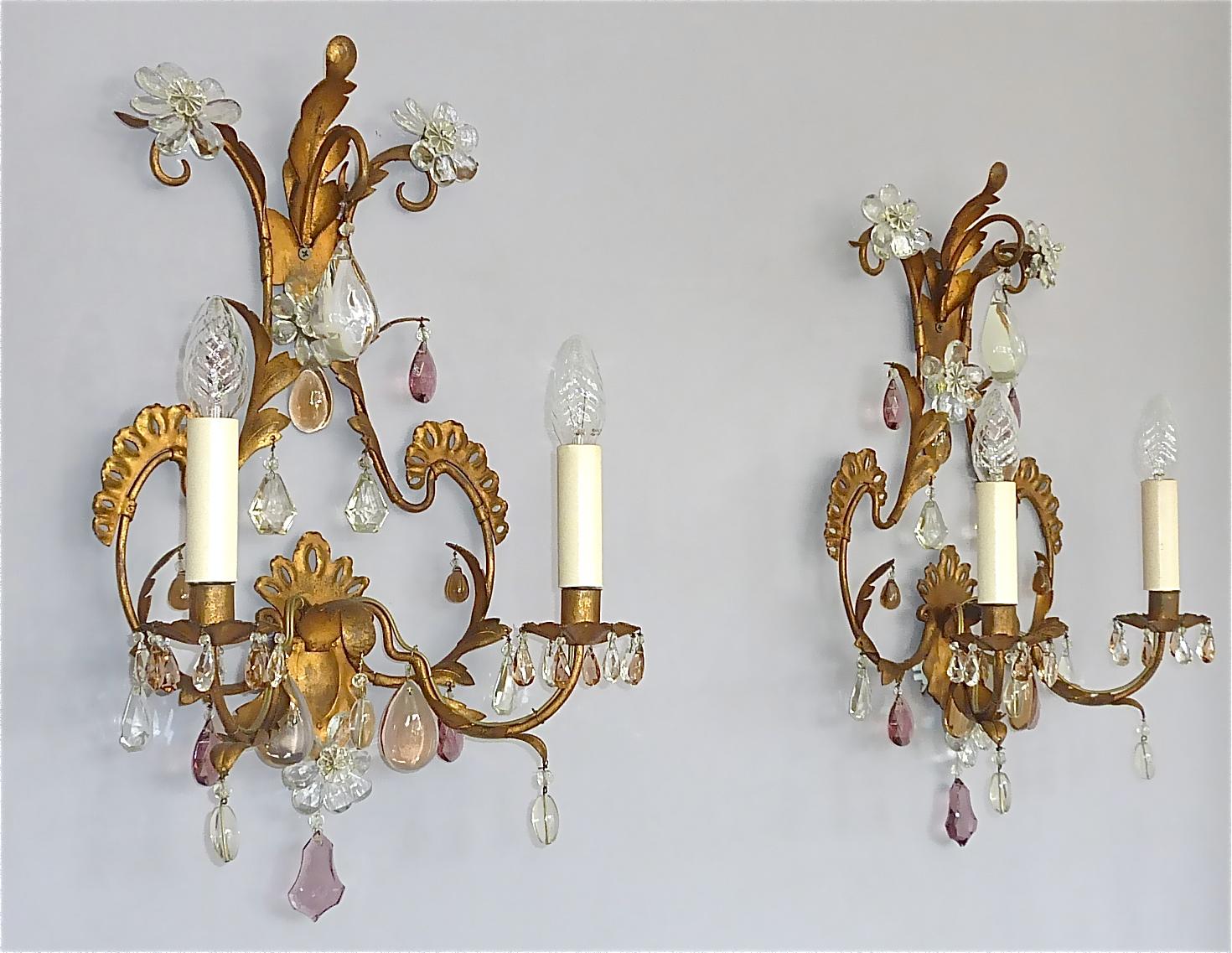 Großes Paar vergoldet Maison Baguès Stil Blume Blatt Wandleuchter Facettiert Kristallglas im Angebot 4