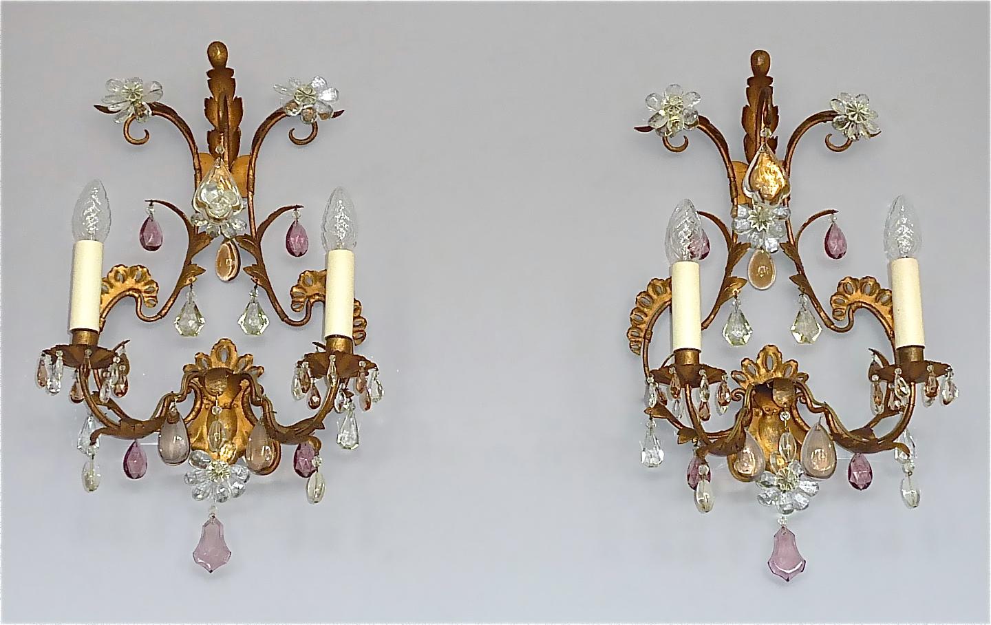 Großes Paar vergoldet Maison Baguès Stil Blume Blatt Wandleuchter Facettiert Kristallglas im Angebot 10
