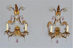 Large Pair Gilt Maison Baguès Style Flower Leaf Sconces Faceted Crystal Glass
