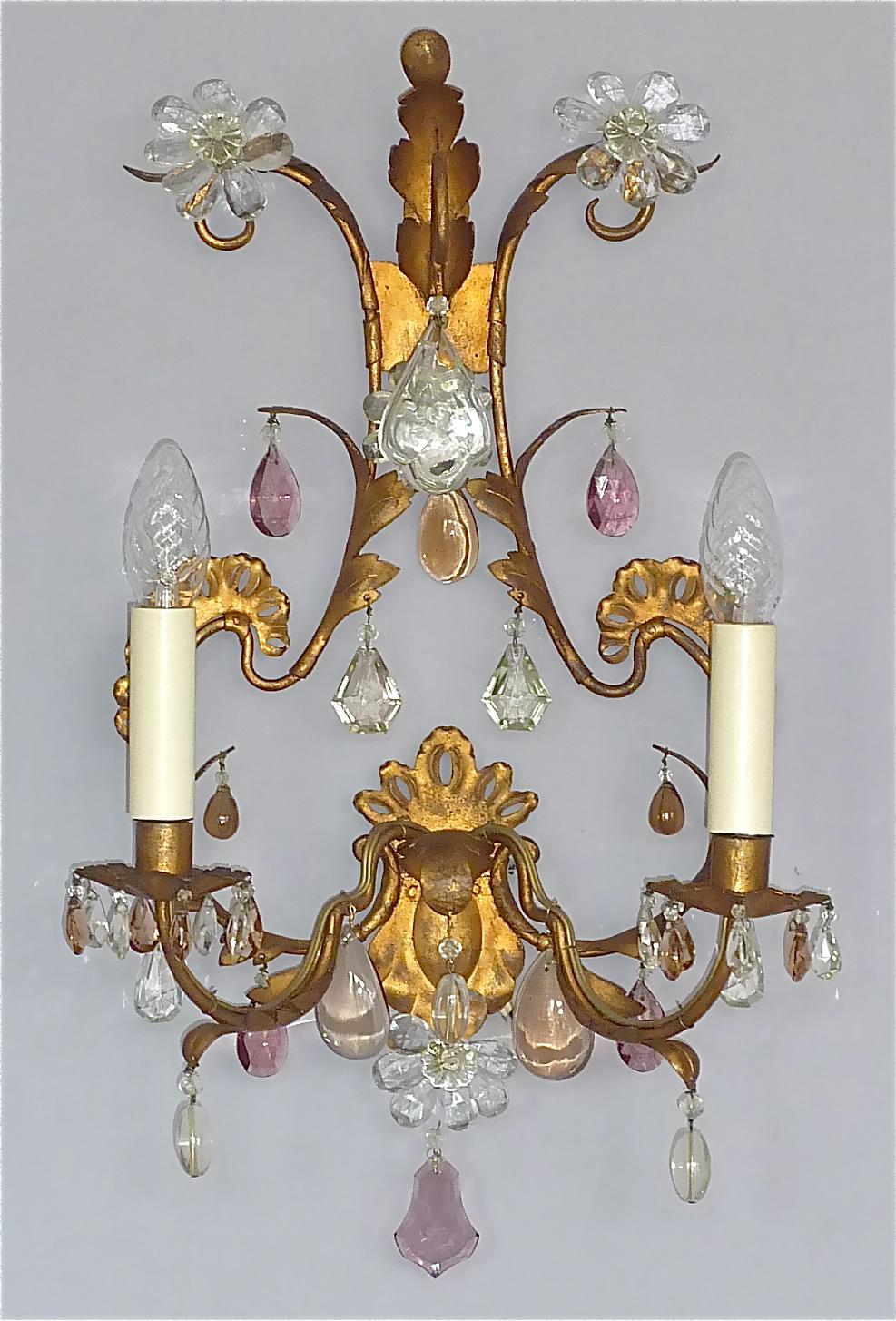 Mid-Century Modern Large Pair Gilt Maison Baguès Style Flower Leaf Sconces Faceted Crystal Glass For Sale