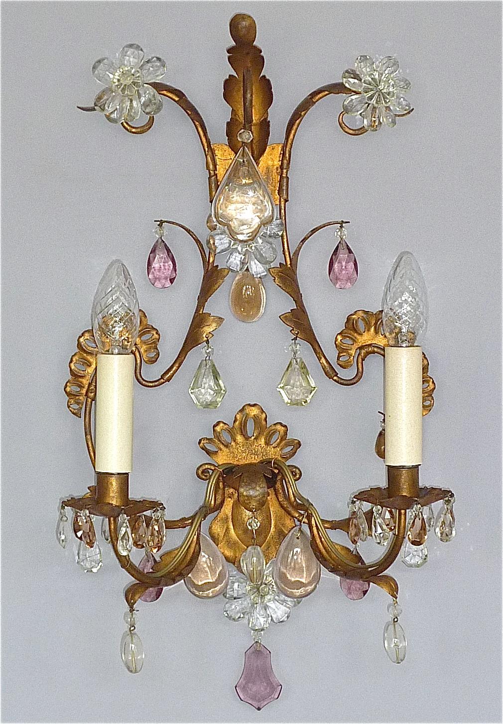 French Large Pair Gilt Maison Baguès Style Flower Leaf Sconces Faceted Crystal Glass For Sale