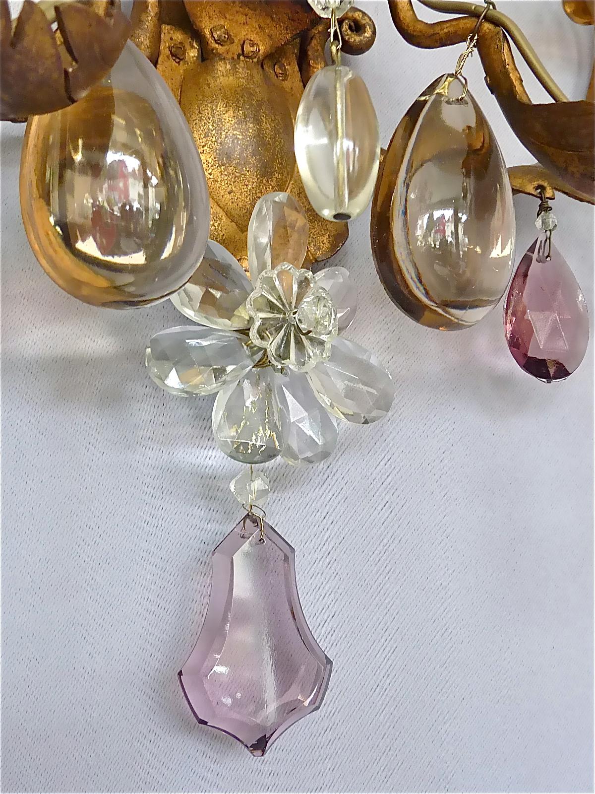 Large Pair Gilt Maison Baguès Style Flower Leaf Sconces Faceted Crystal Glass For Sale 1