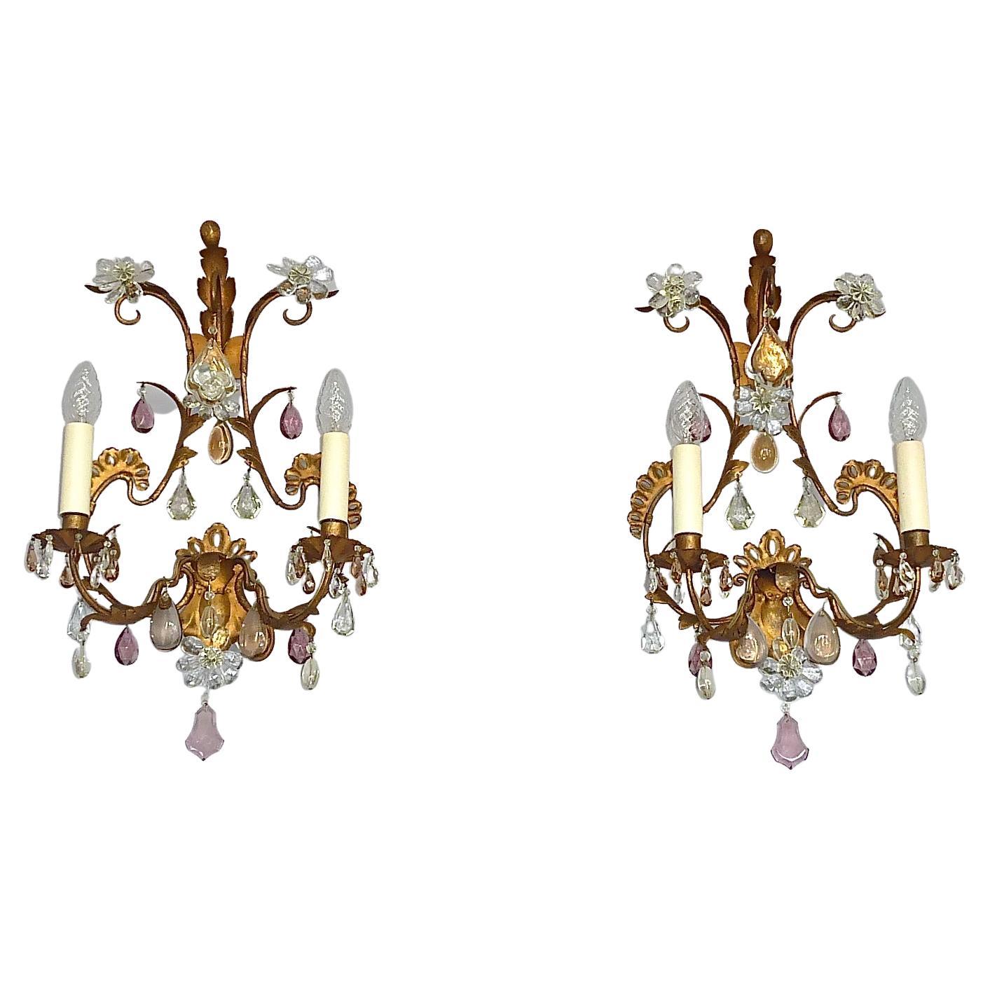 Großes Paar vergoldet Maison Baguès Stil Blume Blatt Wandleuchter Facettiert Kristallglas