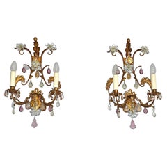 Large Pair Gilt Maison Baguès Style Flower Leaf Sconces Faceted Crystal Glass