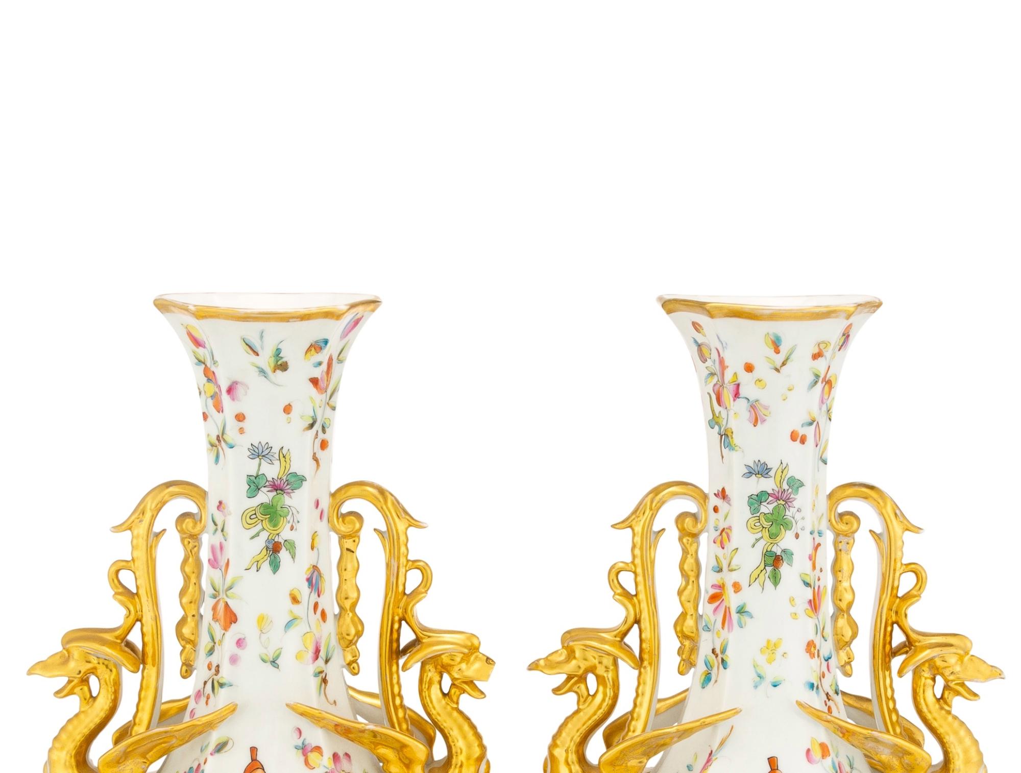 Large Pair Gilt / Polychrome Hand Decorated Porcelain Vases / Pieces For Sale 4