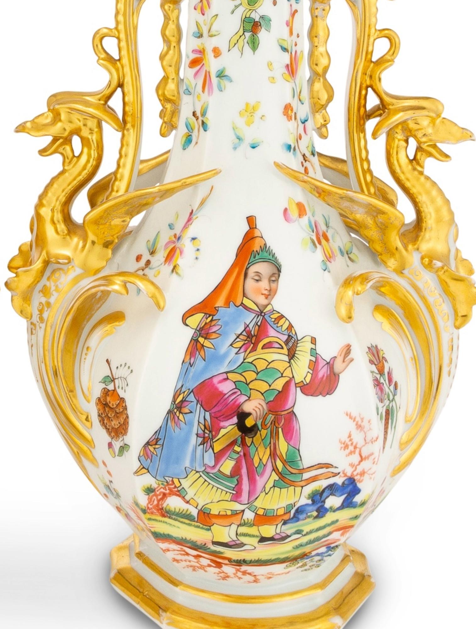 Large Pair Gilt / Polychrome Hand Decorated Porcelain Vases / Pieces For Sale 1