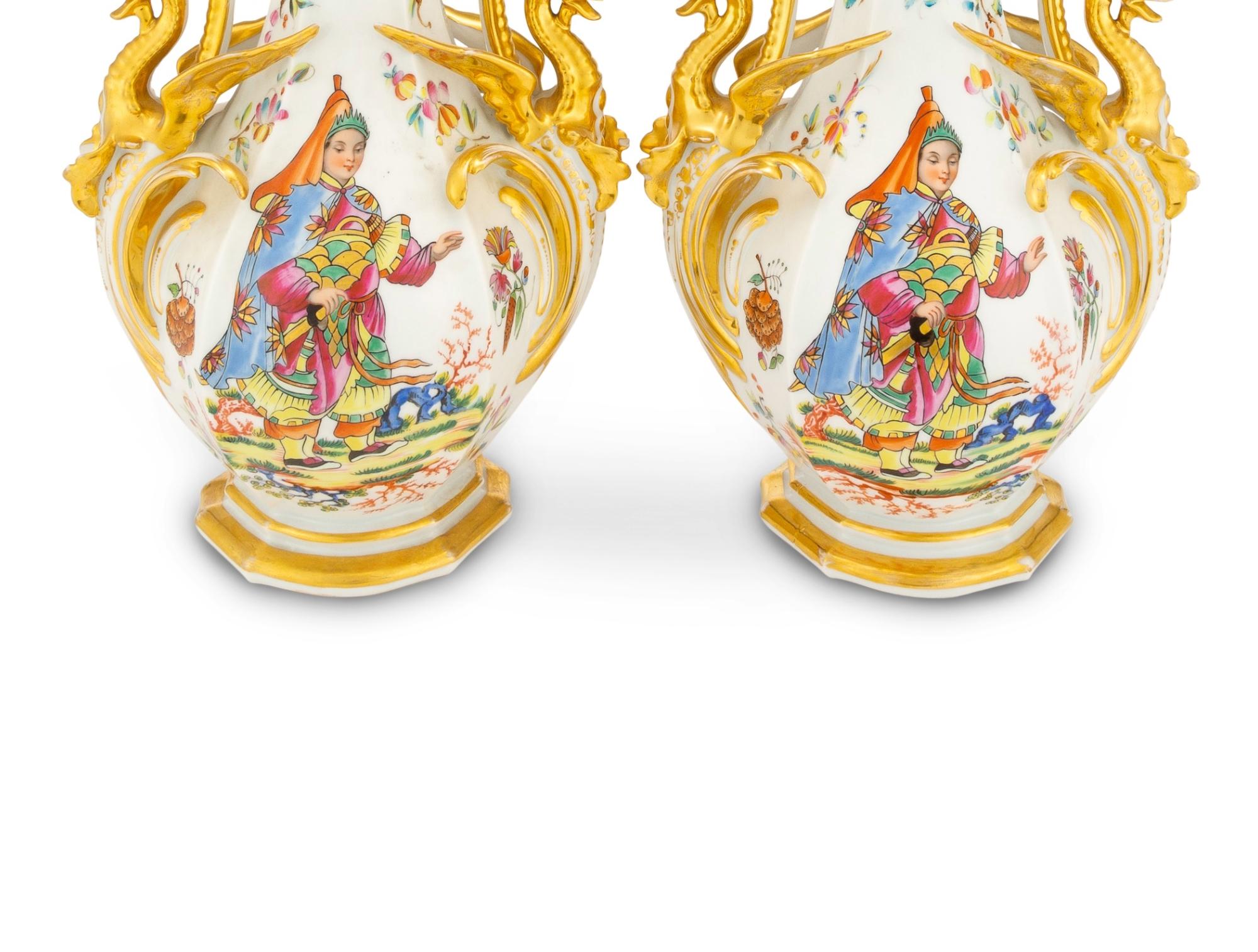 Large Pair Gilt / Polychrome Hand Decorated Porcelain Vases / Pieces For Sale 3