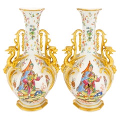 Antique Large Pair Gilt / Polychrome Hand Decorated Porcelain Vases / Pieces