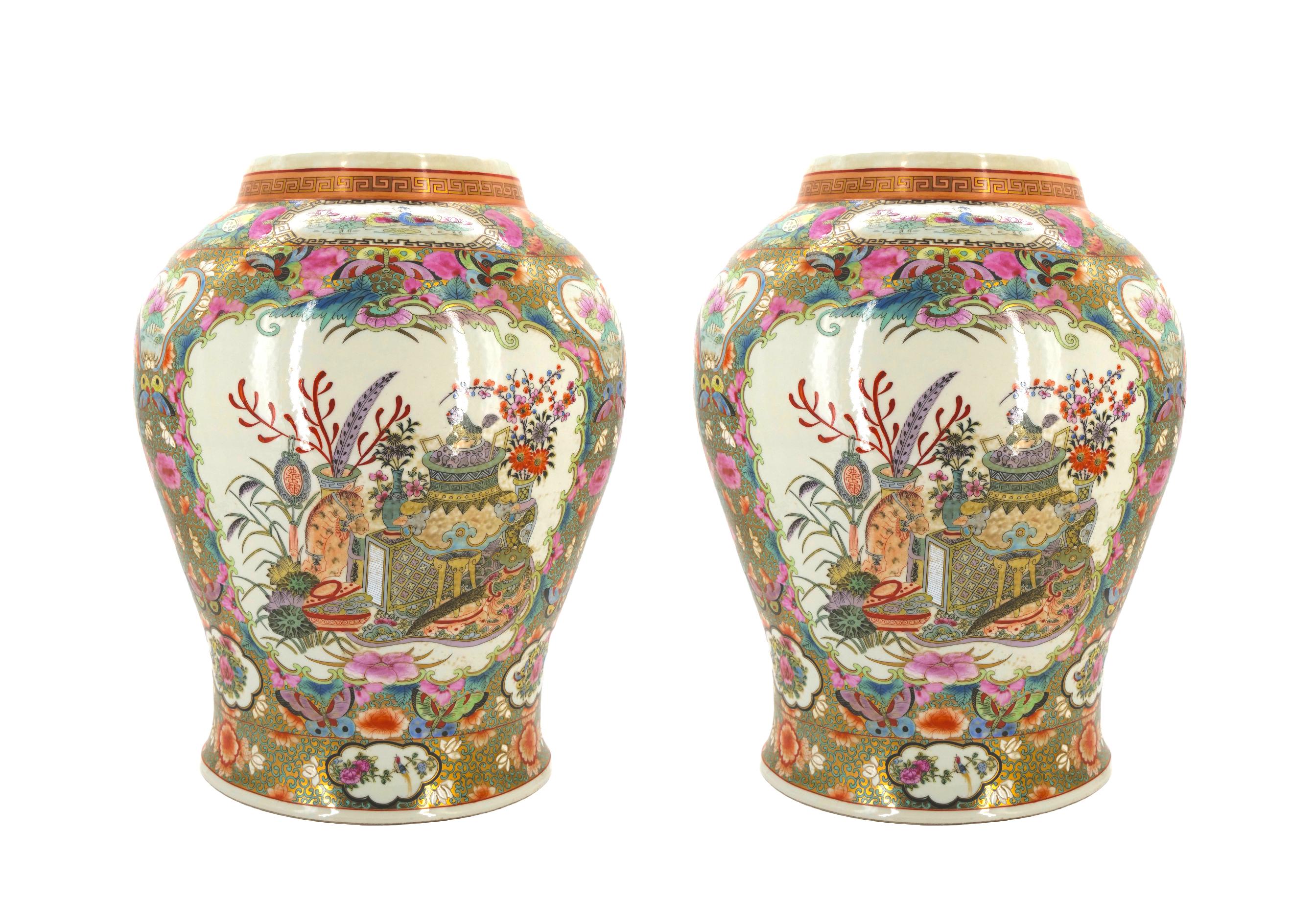 Gilt Large Pair Ginger Jar Porcelain Covered Urns
