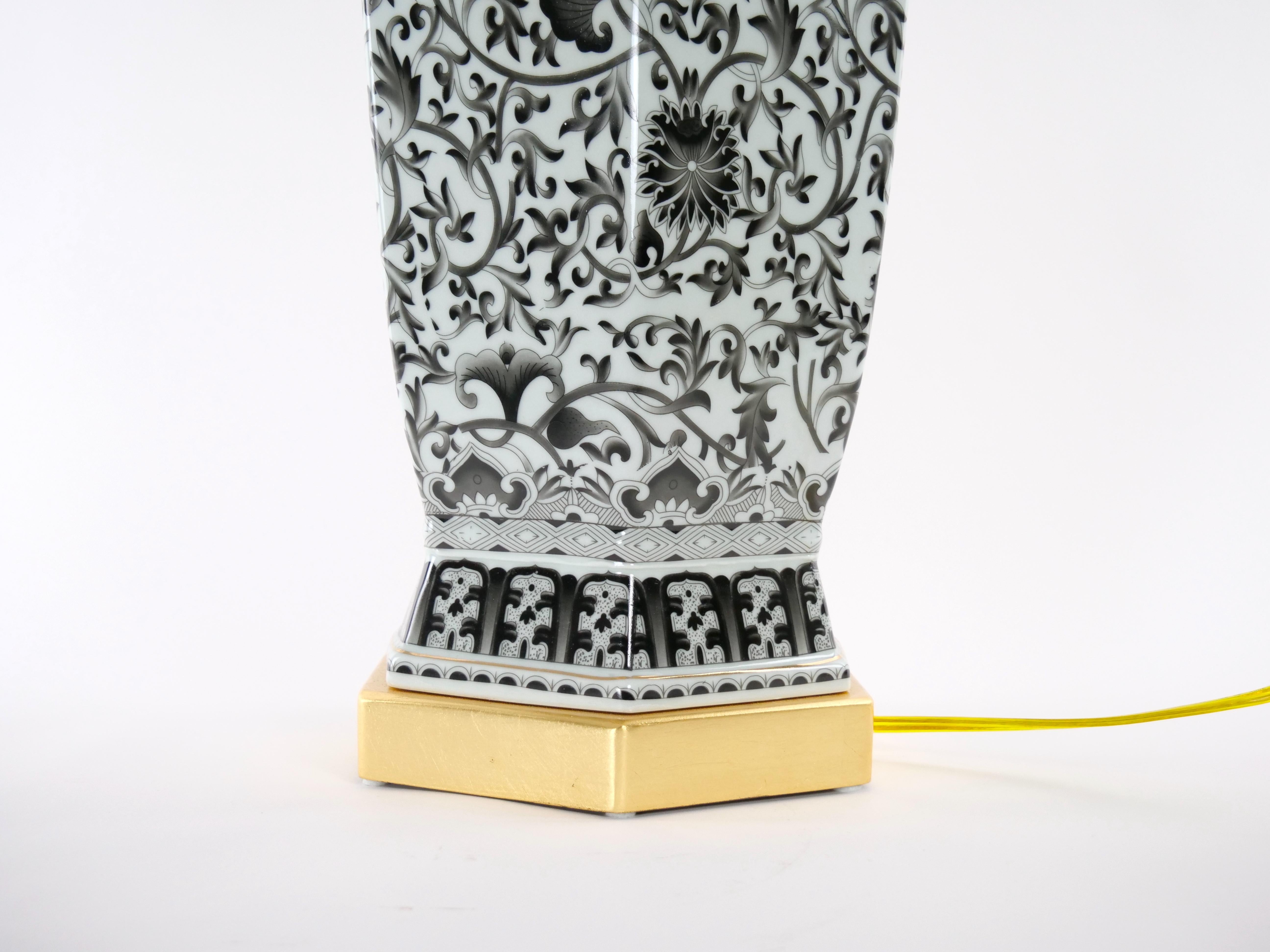 Large Pair Glazed Tapestry Porcelain / Gilt Base Table Lamps For Sale 6