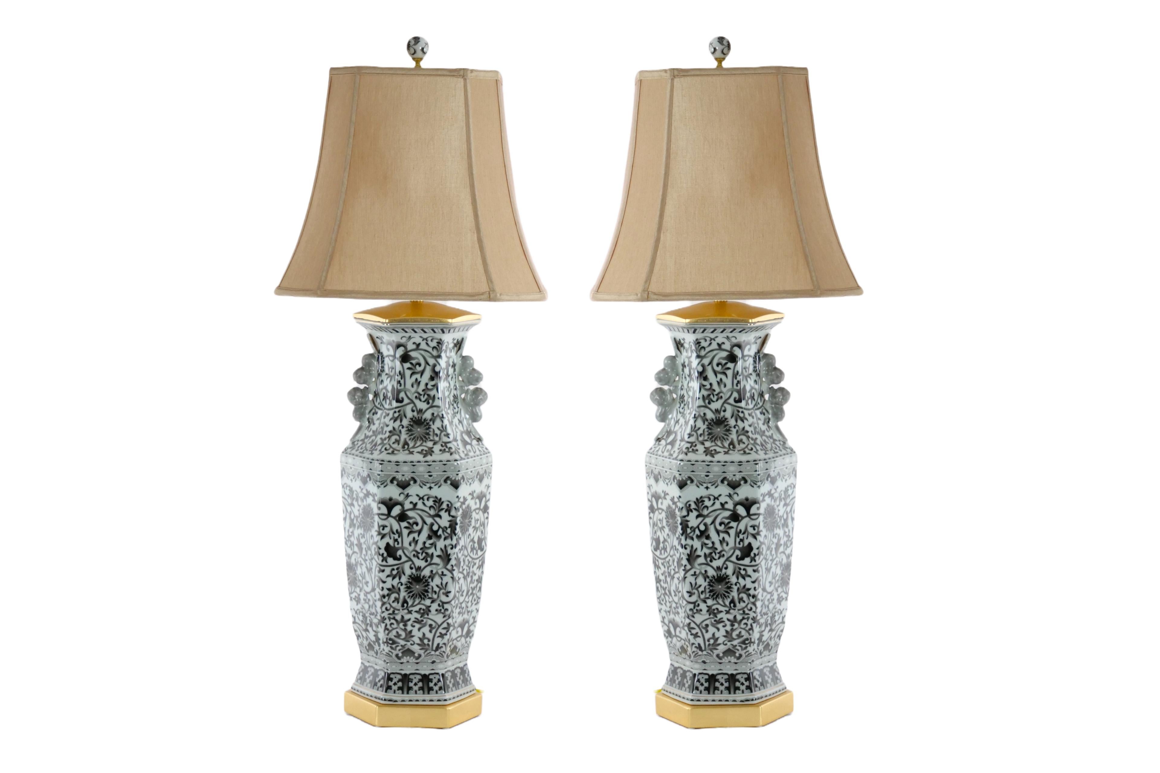 Large Pair Glazed Tapestry Porcelain / Gilt Base Table Lamps For Sale 11