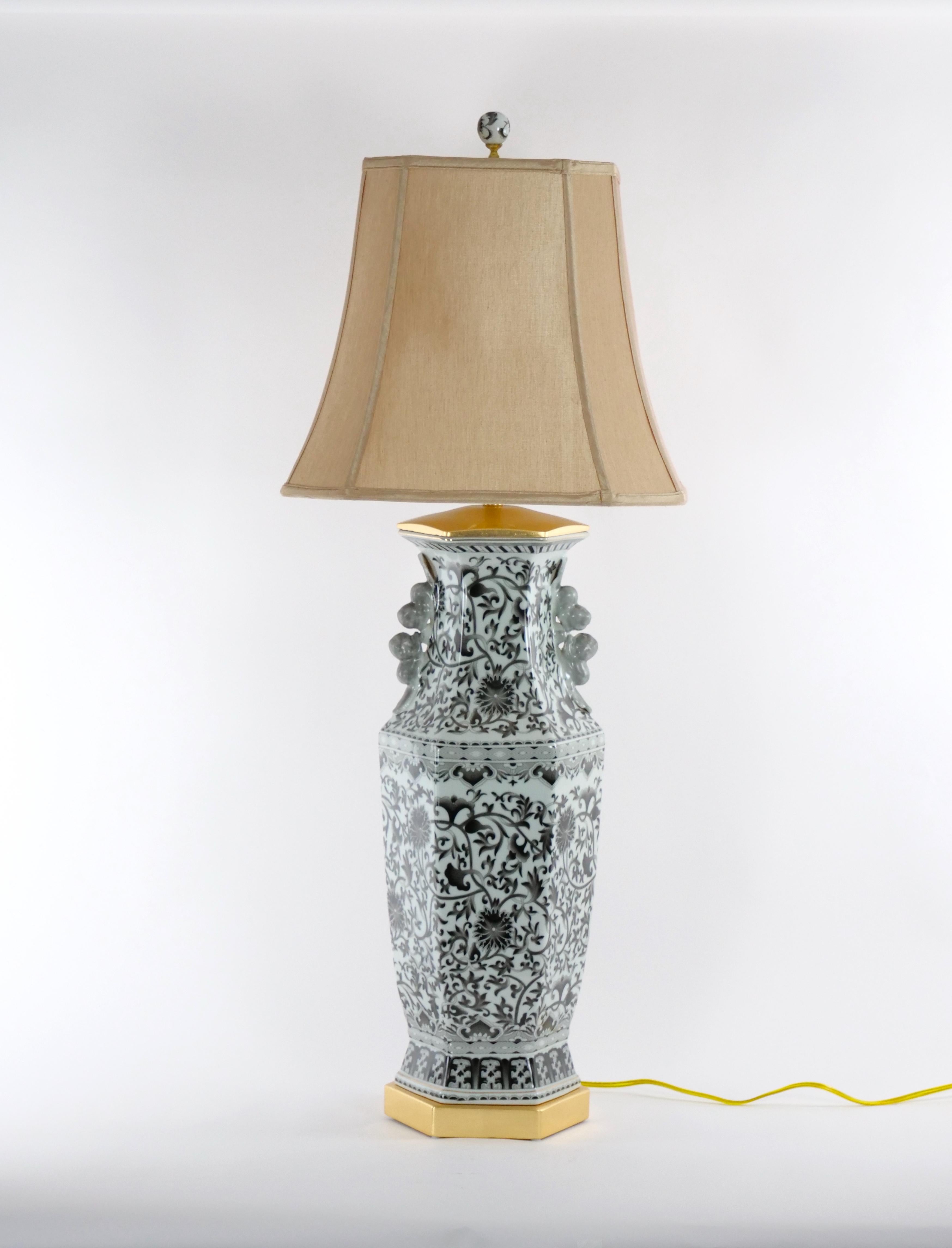 Italian Large Pair Glazed Tapestry Porcelain / Gilt Base Table Lamps For Sale