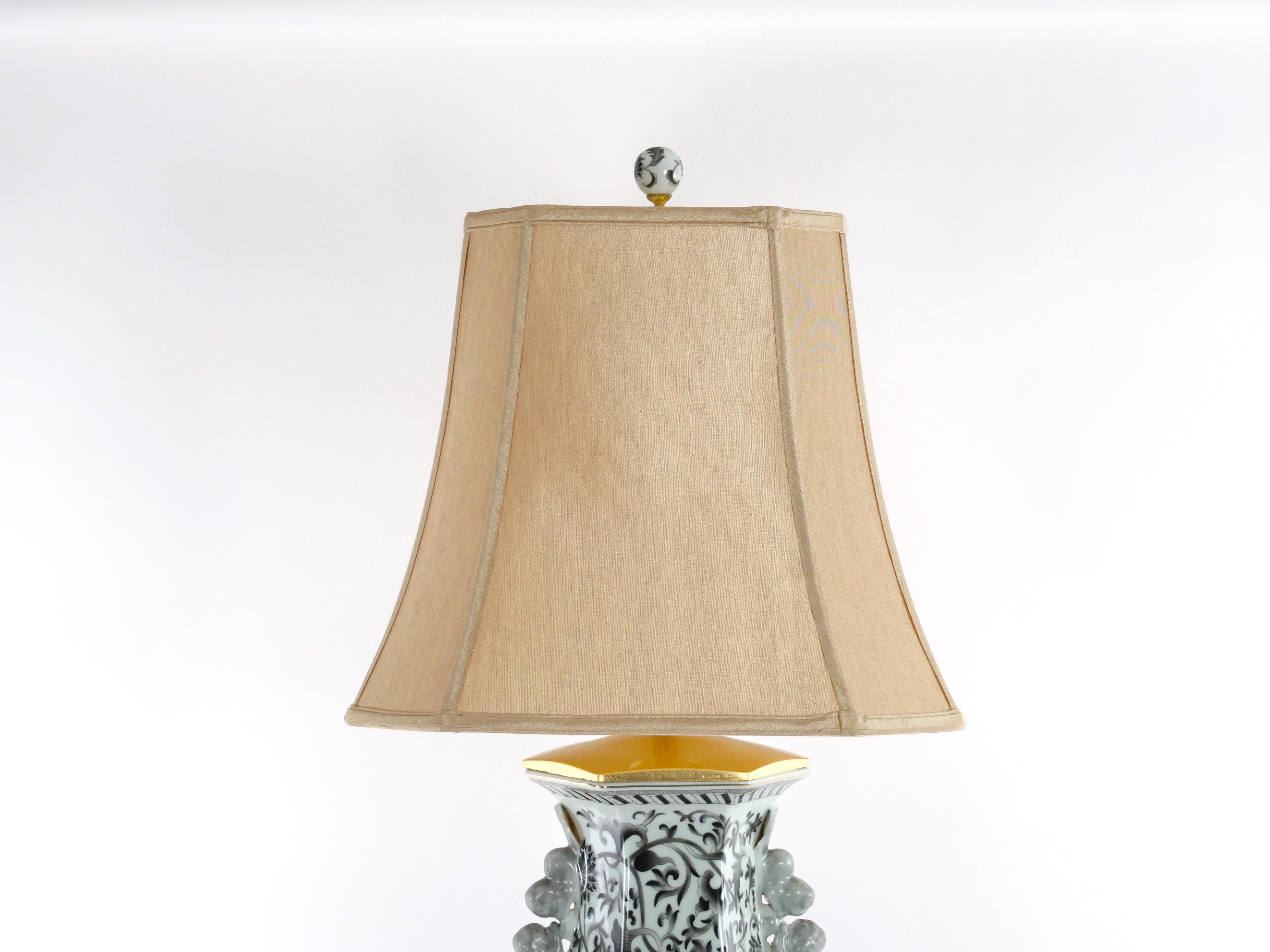 Gold Large Pair Glazed Tapestry Porcelain / Gilt Base Table Lamps For Sale