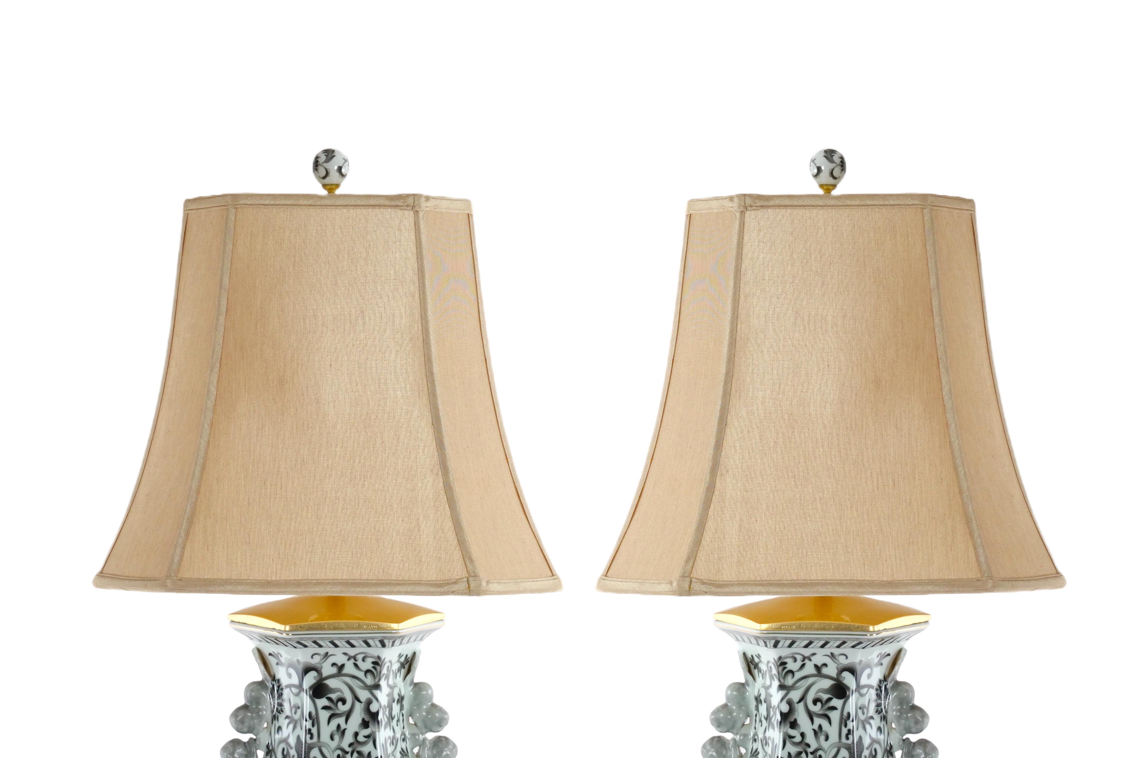 Large Pair Glazed Tapestry Porcelain / Gilt Base Table Lamps For Sale 1