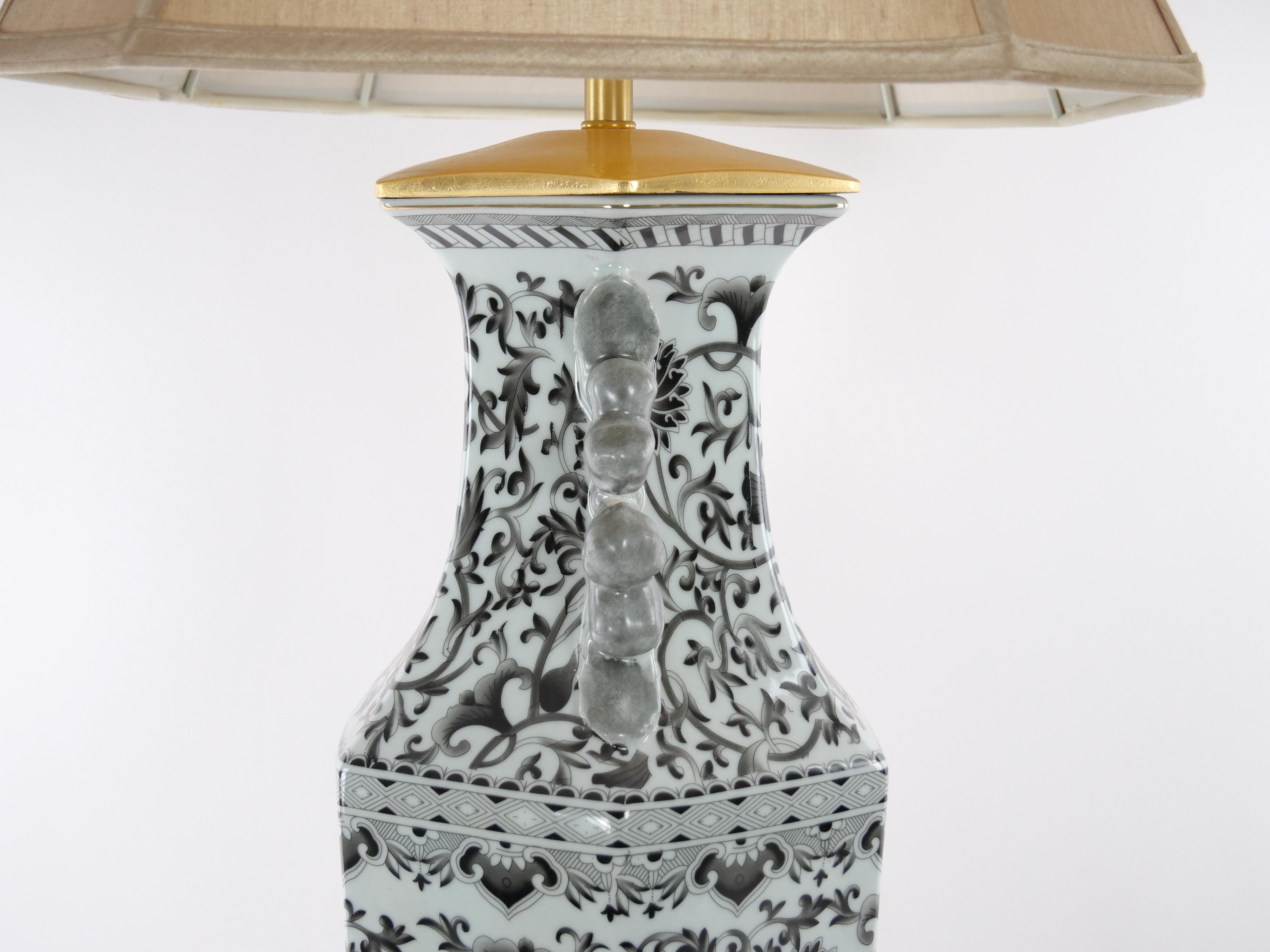 Large Pair Glazed Tapestry Porcelain / Gilt Base Table Lamps For Sale 3