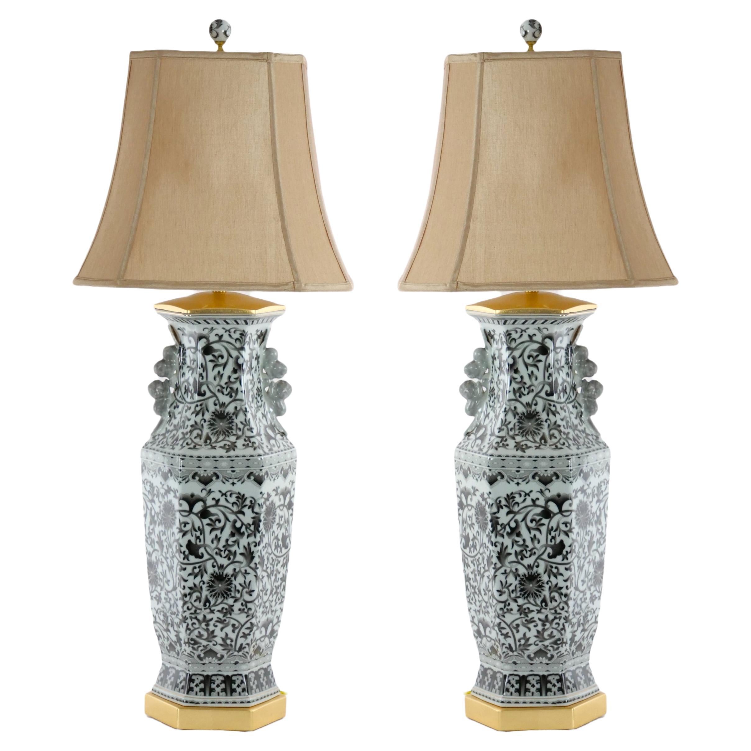 Large Pair Glazed Tapestry Porcelain / Gilt Base Table Lamps For Sale