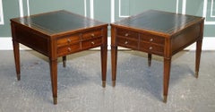 Large Pair Gold Embossed on Black Leather Top Bedside Nightstands End Tables