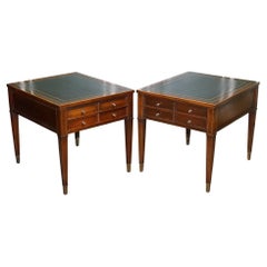 Large Pair Gold Embossed on Black Leather Top Bedside Nightstands End Tables