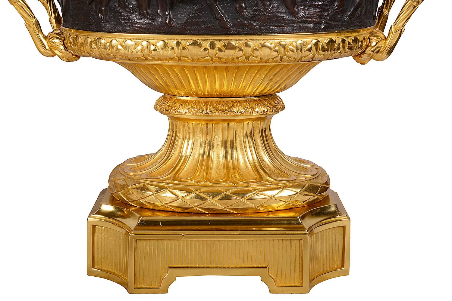 Gilt Large Pair of Grand Tour Campana Bronze Urns, 19th Century For Sale