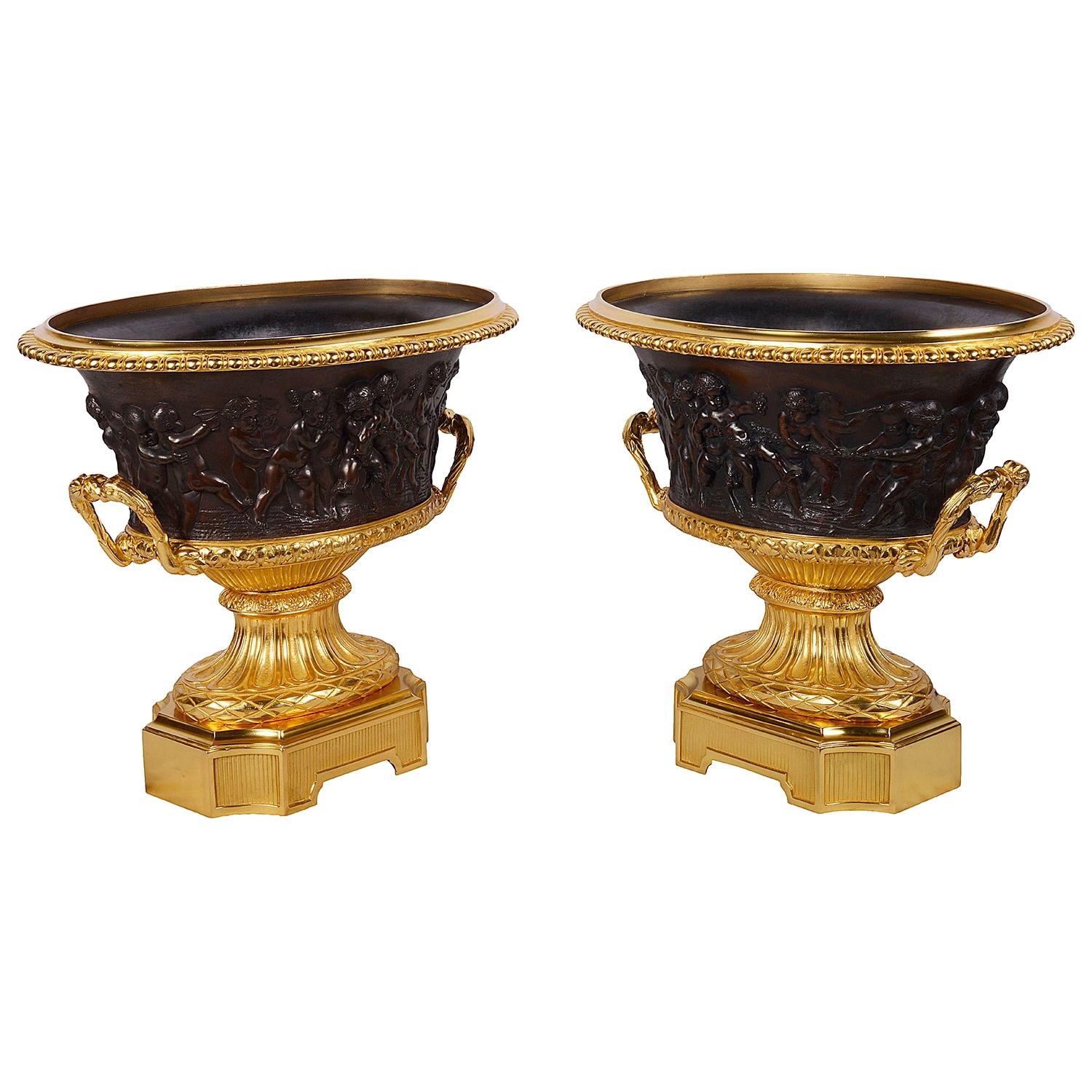 Large Pair of Grand Tour Campana Bronze Urns, 19th Century