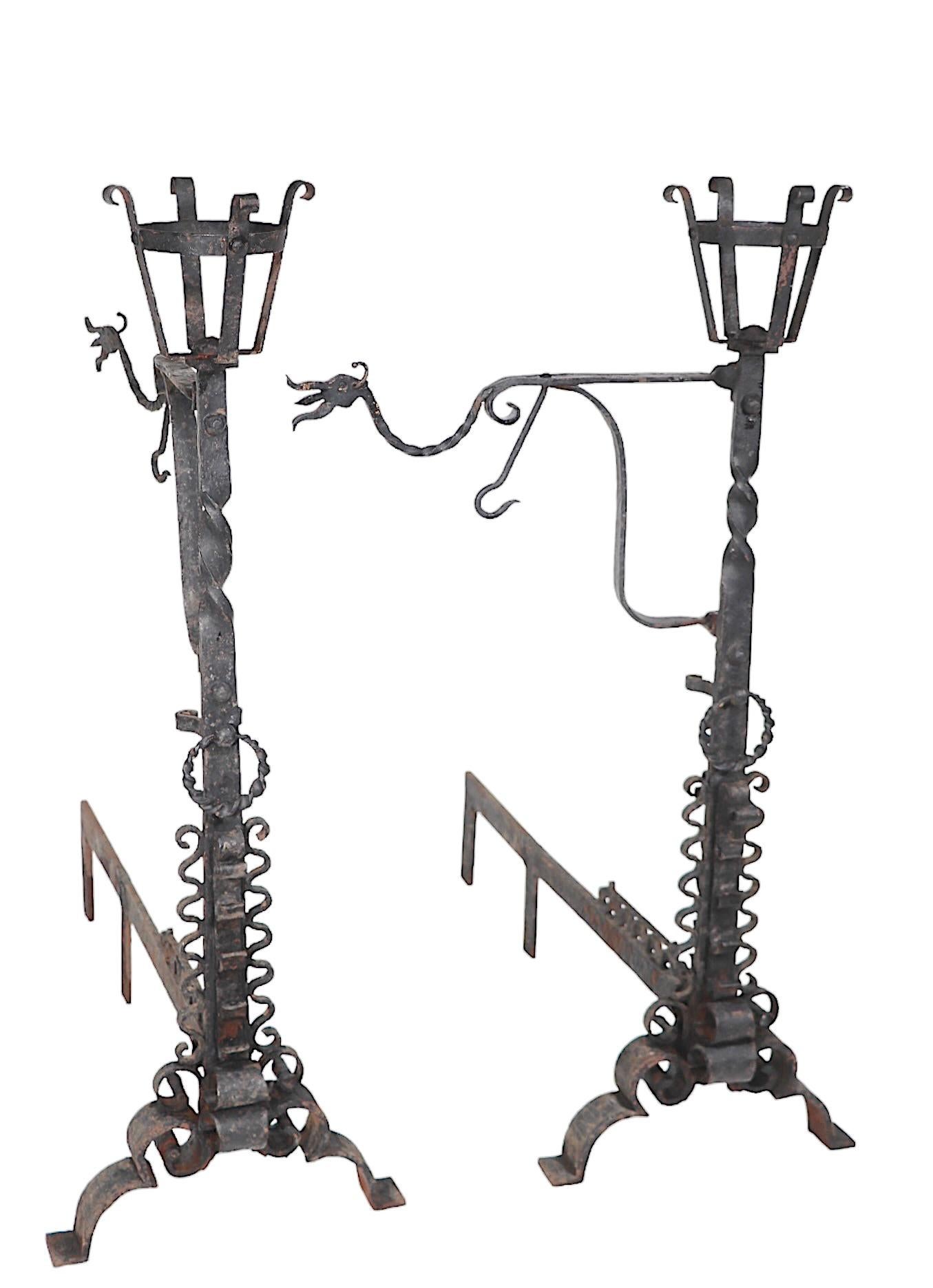 Large Pair Hand Wrought Gothic Arts and Crafts Andirons For Sale 3