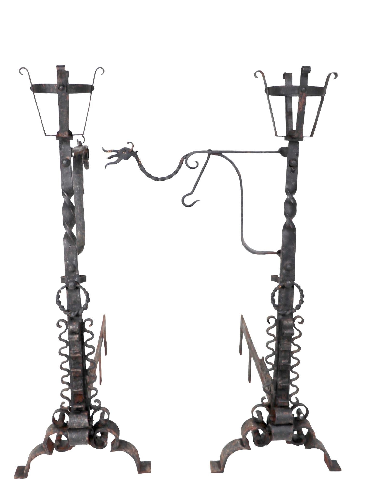 Large Pair Hand Wrought Gothic Arts and Crafts Andirons For Sale 4
