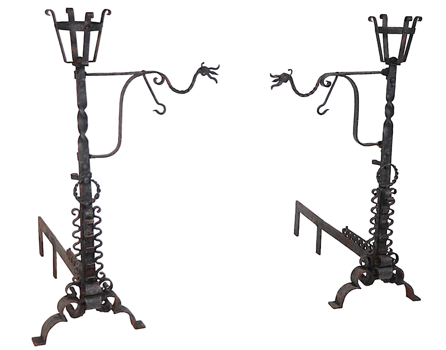 Large Pair Hand Wrought Gothic Arts and Crafts Andirons For Sale 9
