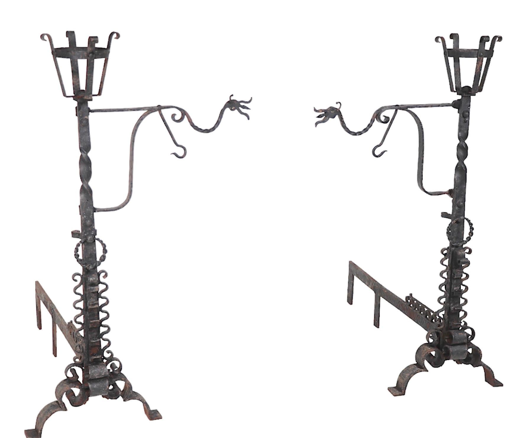 Large Pair Hand Wrought Gothic Arts and Crafts Andirons For Sale 10