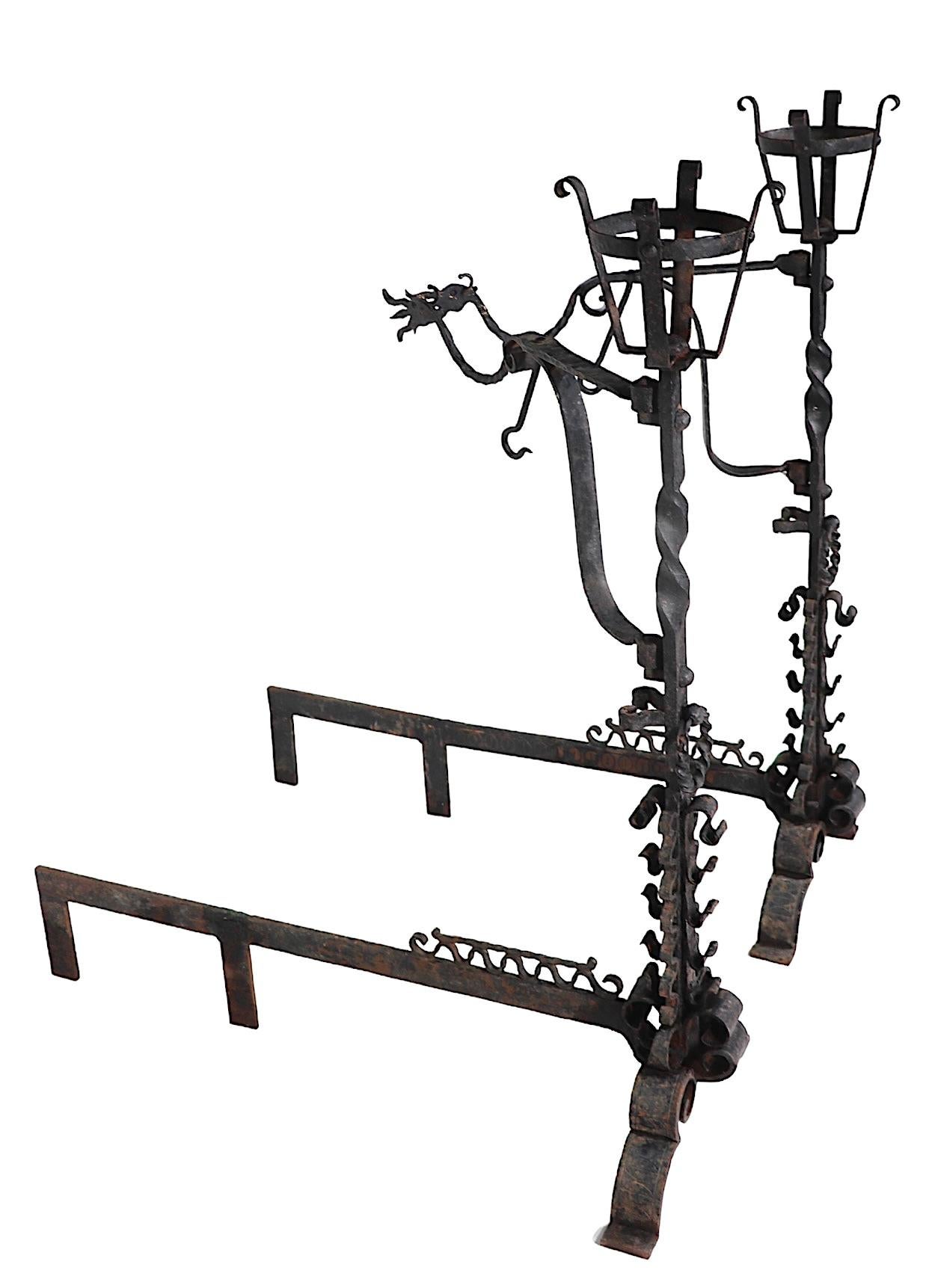 Large Pair Hand Wrought Gothic Arts and Crafts Andirons In Good Condition For Sale In New York, NY