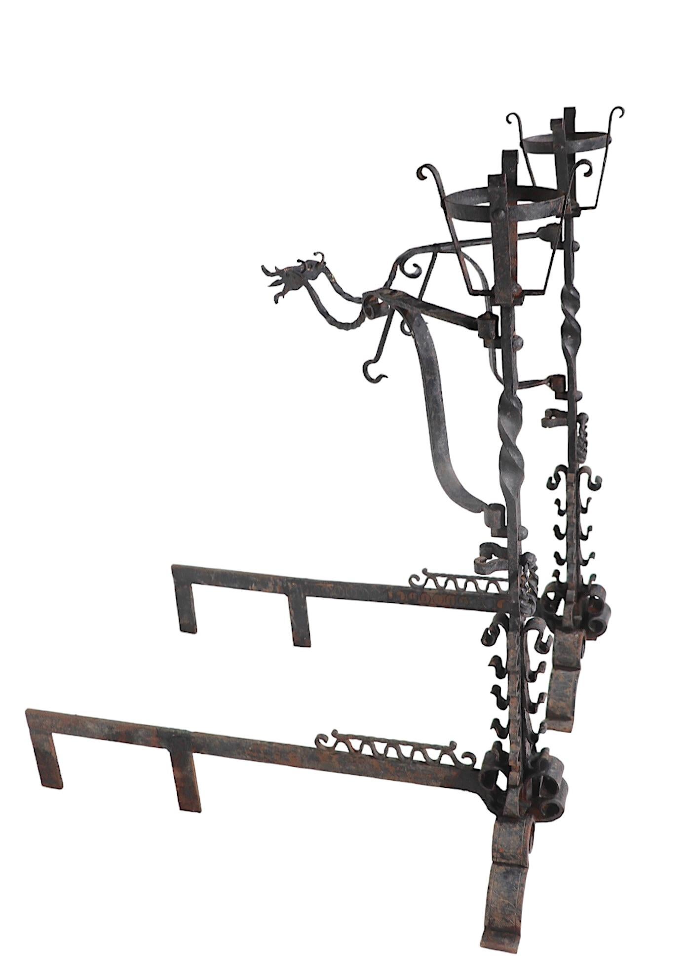 Wrought Iron Large Pair Hand Wrought Gothic Arts and Crafts Andirons For Sale
