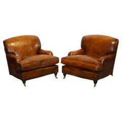 LARGE PAIR HOWARD STYLE HAND DYED LEATHER ARMCHAIRS FEATHER FILLED CUSHiONS