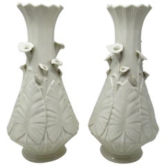 Antique Large Pair Irish Belleek Nile Vases Cala Lily Black Mark 1863-1891 Ireland