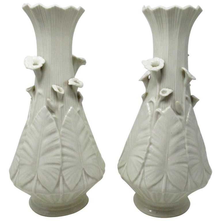 Large Pair Irish Belleek Nile Vases Cala Lily Black Mark 1863 1891